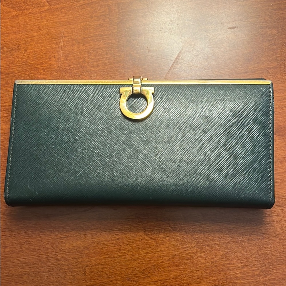Ferragamo Dark Green Wallet with Smooth Leather Material and Elegant Design